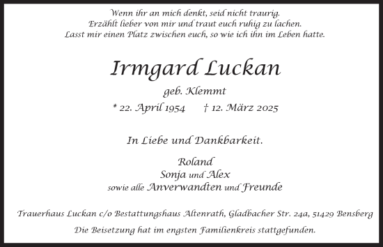 Anzeige von Irmgard Luckan von  Bergisches Handelsblatt 