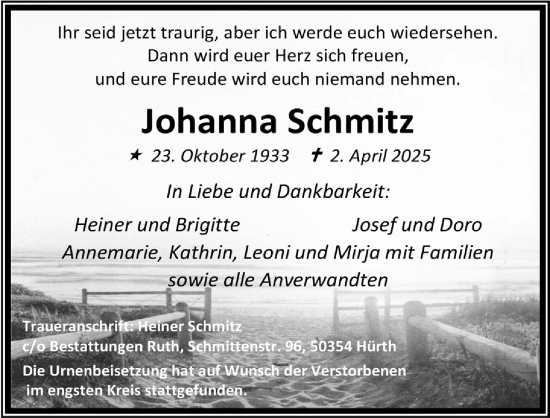 Anzeige von Johanna Schmitz von  Wochenende 