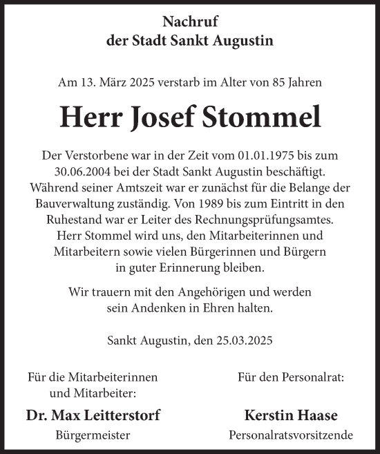 Anzeige von Josef Stommel von  Extra Blatt 