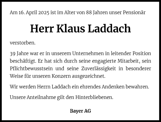 Anzeige von Klaus Laddach von Kölner Stadt-Anzeiger / Kölnische Rundschau / Express