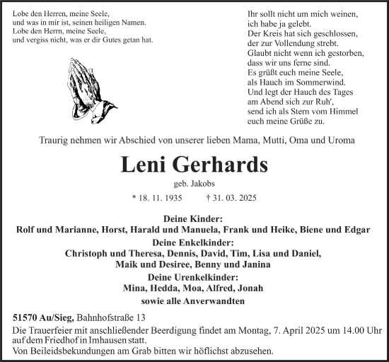 Anzeige von Leni Gerhards von  Lokalanzeiger 