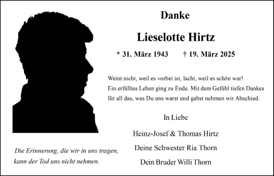 Anzeige von Lieselotte Hirtz von  Schlossbote/Werbekurier 