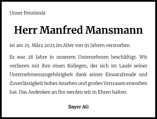 Anzeige von Manfred Mansmann von Kölner Stadt-Anzeiger / Kölnische Rundschau / Express