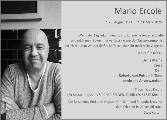 Anzeige von Mario Ercole von  Bergisches Handelsblatt 