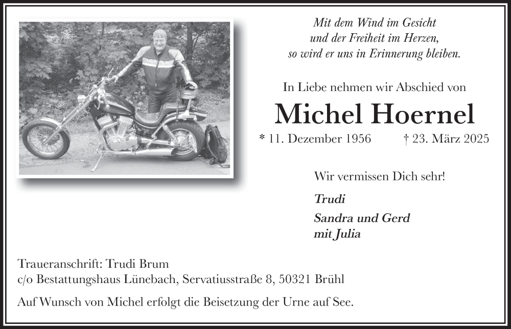  Traueranzeige für Michel Hoernel vom 04.04.2025 aus  Schlossbote/Werbekurier 