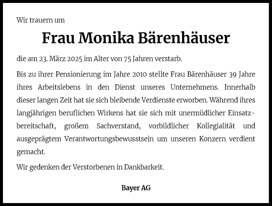 Anzeige von Monika Bärenhäuser von Kölner Stadt-Anzeiger / Kölnische Rundschau / Express