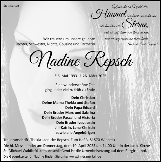 Anzeige von Nadine Repsch von  Lokalanzeiger 