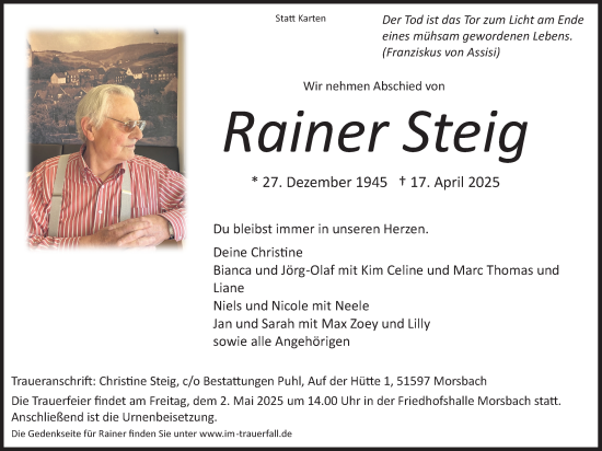 Anzeige von Rainer Steig von Kölner Stadt-Anzeiger / Kölnische Rundschau / Express