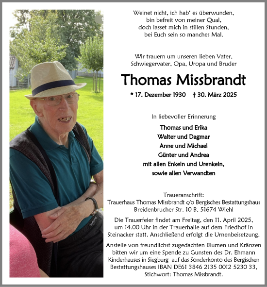 Anzeige von Thomas Missbrandt von  Anzeigen Echo  Lokalanzeiger 