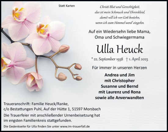Anzeige von Ulla Heuck von  Lokalanzeiger 