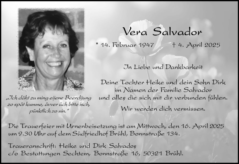  Traueranzeige für Vera Salvador vom 11.04.2025 aus  Schlossbote/Werbekurier 