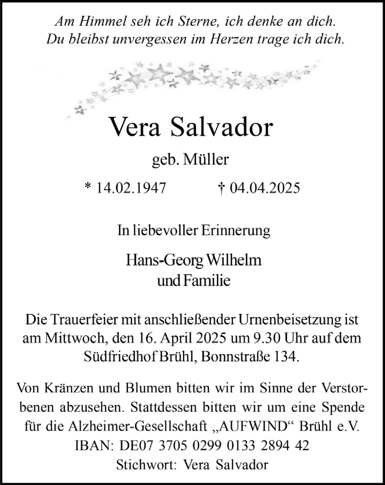  Traueranzeige für Vera Salvador vom 11.04.2025 aus  Schlossbote/Werbekurier 