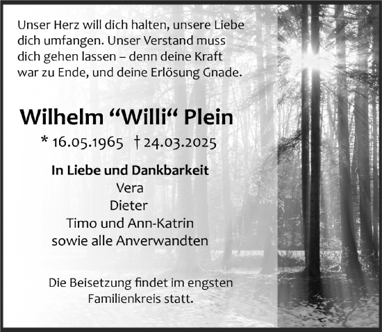 Anzeige von Wilhelm Plein von  Anzeigen Echo 