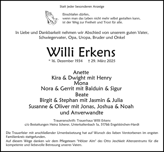 Anzeige von Willi Erkens von  Anzeigen Echo 