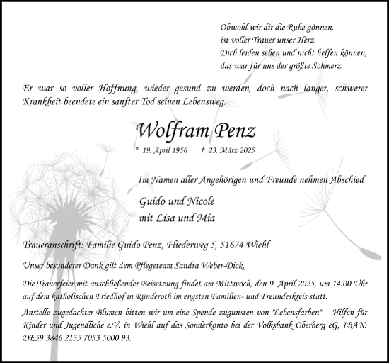 Anzeige von Wolfram Penz von  Anzeigen Echo 