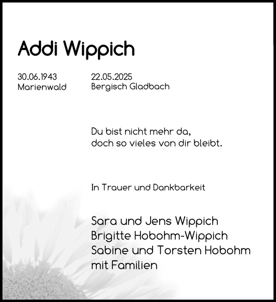 Anzeige von Addi Wippich von Kölner Stadt-Anzeiger / Kölnische Rundschau / Express