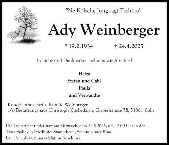 Anzeige von Ady Weinberger von Kölner Stadt-Anzeiger / Kölnische Rundschau / Express