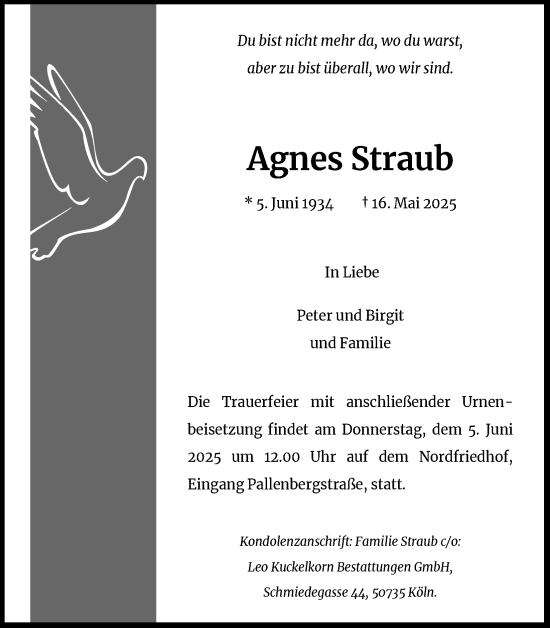 Anzeige von Agnes Straub von Kölner Stadt-Anzeiger / Kölnische Rundschau / Express