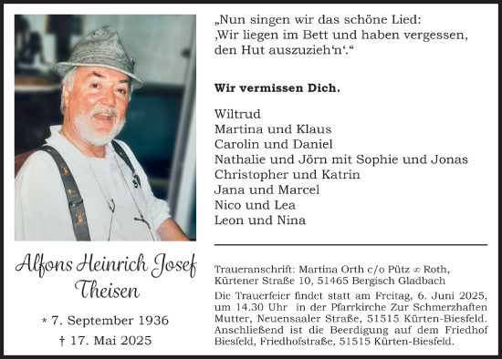 Anzeige von Alfons Heinrich Josef  von  Bergisches Handelsblatt 