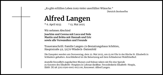 Anzeige von Alfred Langen von Kölner Stadt-Anzeiger / Kölnische Rundschau / Express