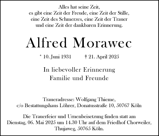 Anzeige von Alfred Morawec von Kölner Stadt-Anzeiger / Kölnische Rundschau / Express