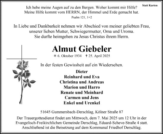 Anzeige von Almut Giebeler von  Anzeigen Echo 