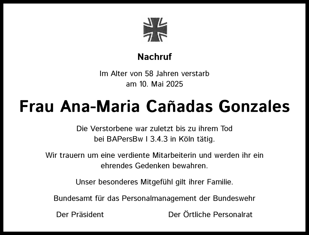  Traueranzeige für Ana-Maria Canadas Gonzales vom 23.05.2025 aus Kölner Stadt-Anzeiger / Kölnische Rundschau / Express