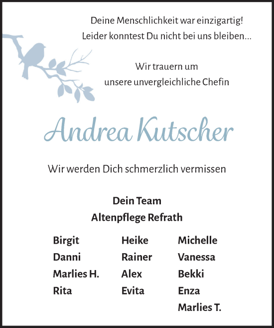 Anzeige von Andrea Kutscher von  Bergisches Handelsblatt 