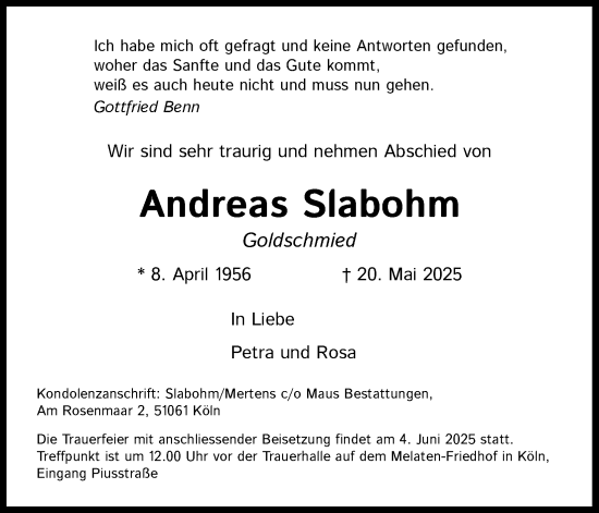 Anzeige von Andreas Slabohm von Kölner Stadt-Anzeiger / Kölnische Rundschau / Express