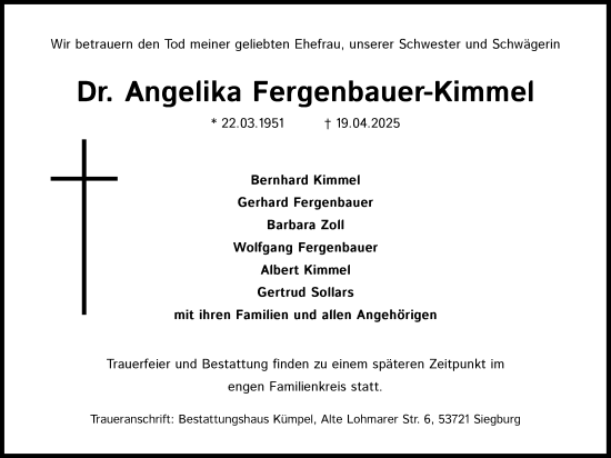 Anzeige von Angelika Fergenbauer-Kimmel von Kölner Stadt-Anzeiger / Kölnische Rundschau / Express