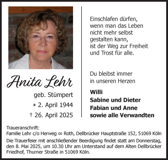 Anzeige von Anita Lehr von Kölner Stadt-Anzeiger / Kölnische Rundschau / Express
