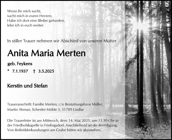 Anzeige von Anita Maria Merten von Kölner Stadt-Anzeiger / Kölnische Rundschau / Express