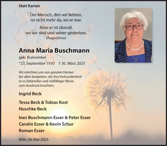 Anzeige von Anna Maria Buschmann von Kölner Stadt-Anzeiger / Kölnische Rundschau / Express