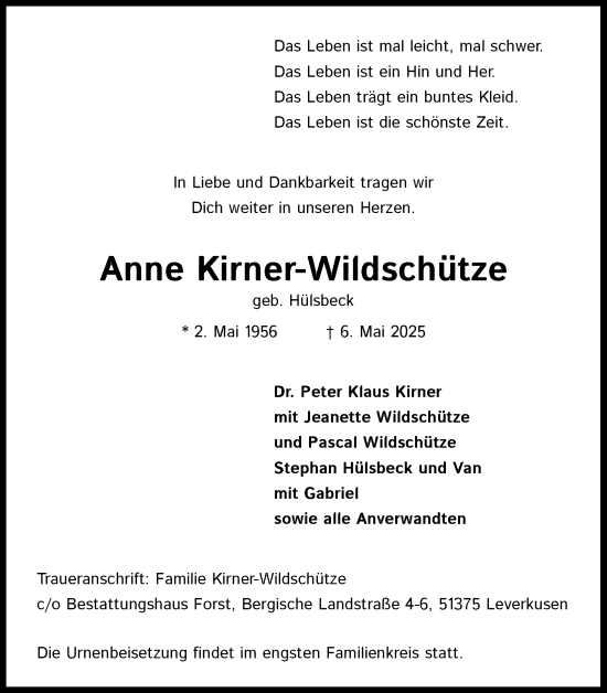 Anzeige von Anne Kirner-Wildschutze von Kölner Stadt-Anzeiger / Kölnische Rundschau / Express