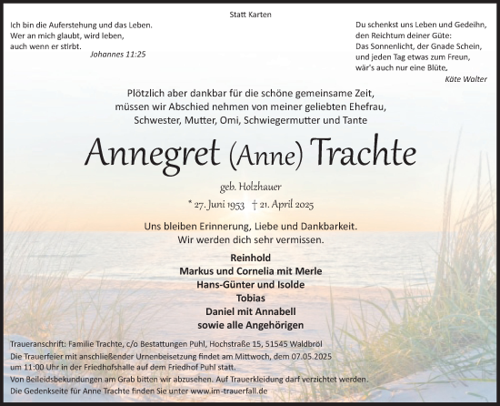 Anzeige von Anne Trachte von Kölner Stadt-Anzeiger / Kölnische Rundschau / Express