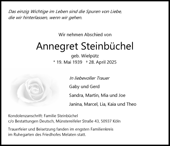 Anzeige von Annegret Steinbüchel von Kölner Stadt-Anzeiger / Kölnische Rundschau / Express