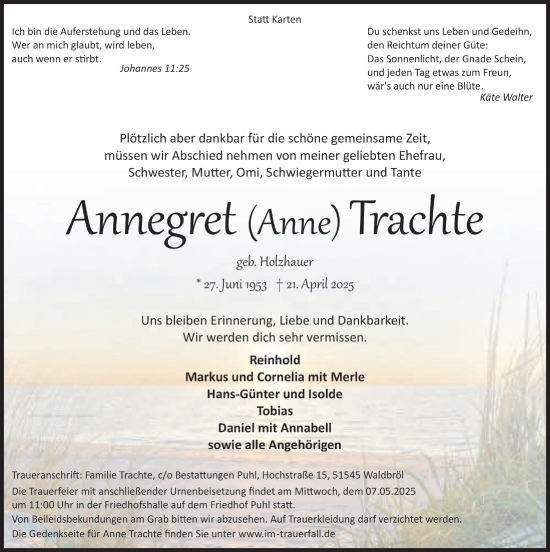 Anzeige von Annegret Trachte von  Lokalanzeiger 