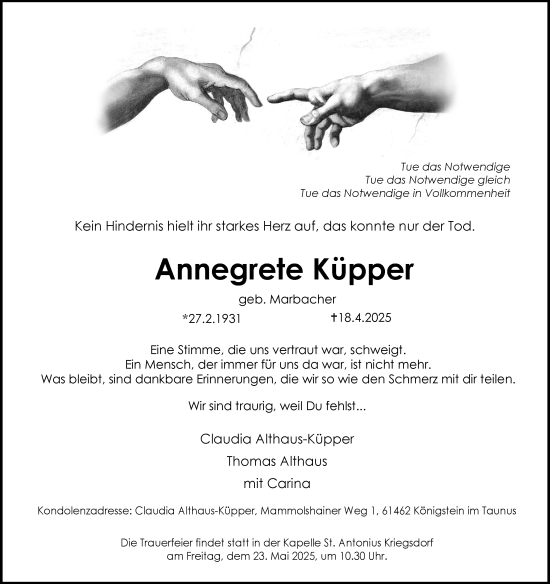 Anzeige von Annegrete Küpper von Kölner Stadt-Anzeiger / Kölnische Rundschau / Express