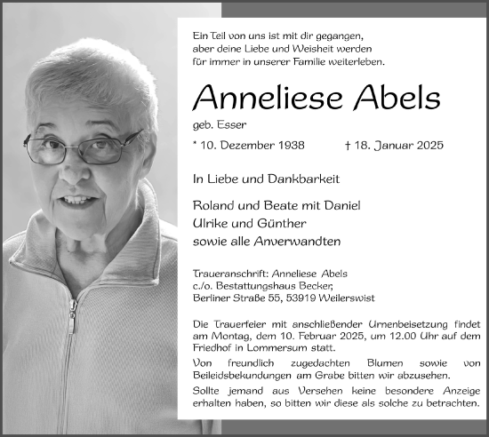Anzeige von Anneliese Abels von  Blickpunkt Euskirchen 