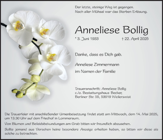 Anzeige von Anneliese Bollig von  Blickpunkt Euskirchen 