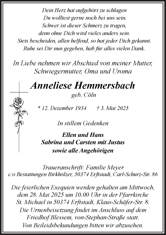 Anzeige von Anneliese Hemmersbach von  Werbepost 