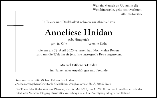 Anzeige von Anneliese Hnidan von Kölner Stadt-Anzeiger / Kölnische Rundschau / Express
