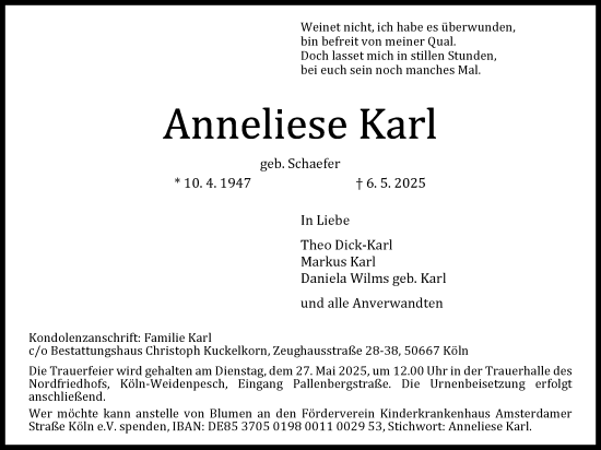 Anzeige von Anneliese Karl von Kölner Stadt-Anzeiger / Kölnische Rundschau / Express