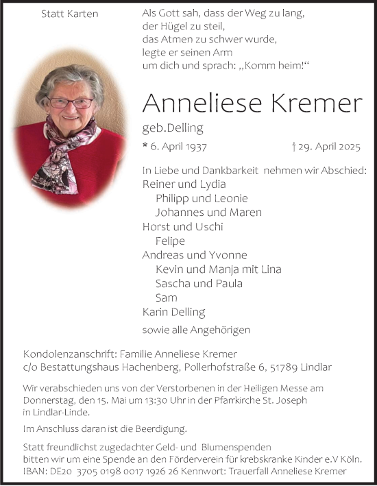 Anzeige von Anneliese Kremer von  Bergisches Handelsblatt 