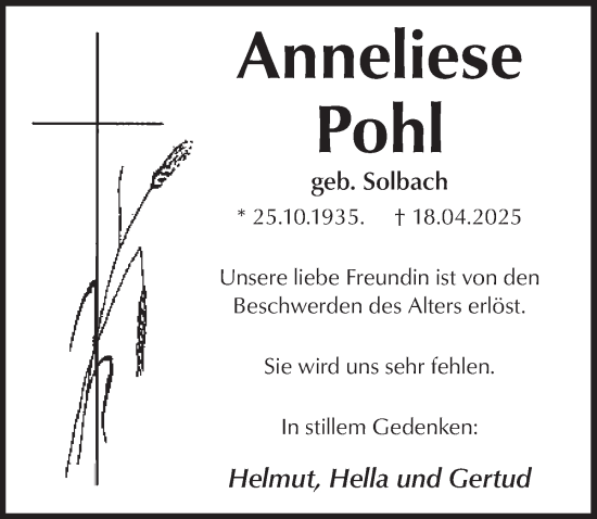 Anzeige von Anneliese Pohl von  Lokalanzeiger 