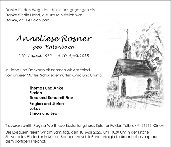 Anzeige von Anneliese Rösner von  Bergisches Handelsblatt 