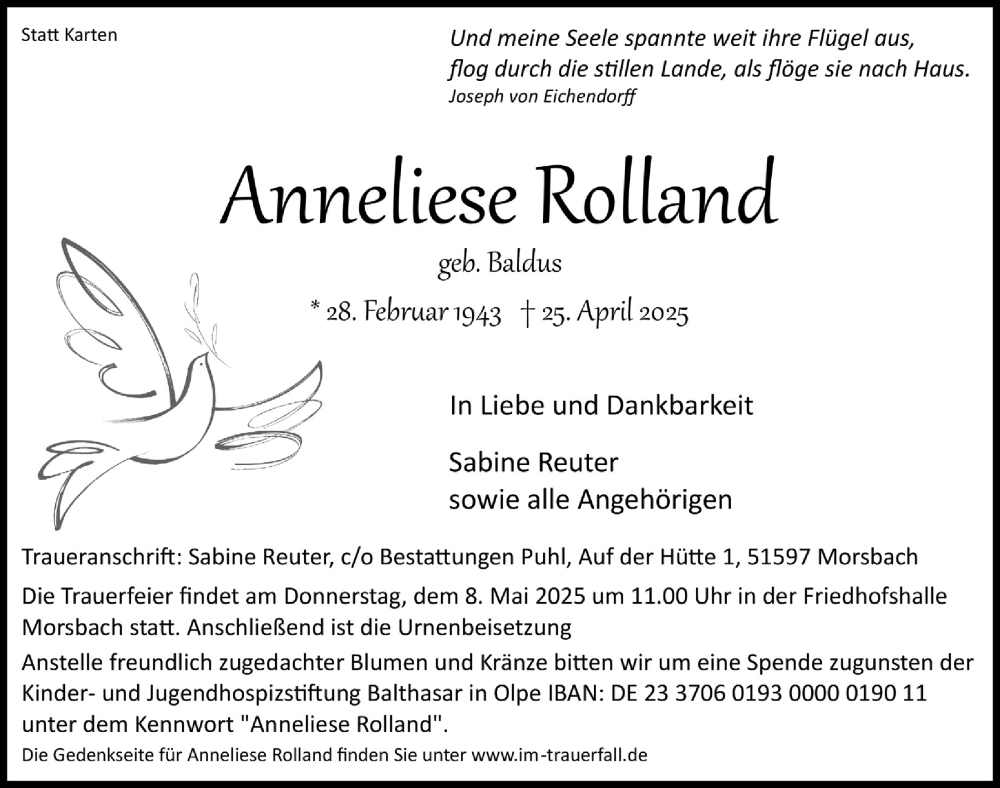  Traueranzeige für Anneliese Rolland vom 02.05.2025 aus  Lokalanzeiger 