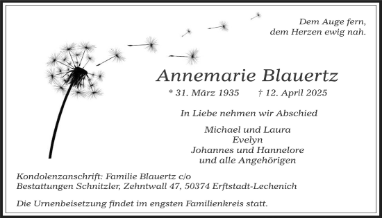 Anzeige von Annemarie Blauertz von  Werbepost 