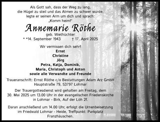 Anzeige von Annemarie Röthe von Kölner Stadt-Anzeiger / Kölnische Rundschau / Express
