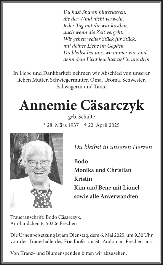 Anzeige von Annemie Cäsarczyk von  Wochenende 